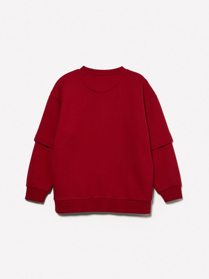 Oversized fit red sweatshirt with embossed print - boys' knitwear - Burgundy | Sisley Young image number 2